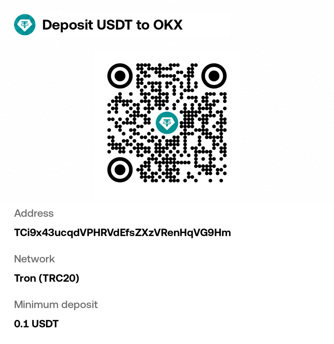 USDT 充值地址与二维码，网络为 Tron TRC20